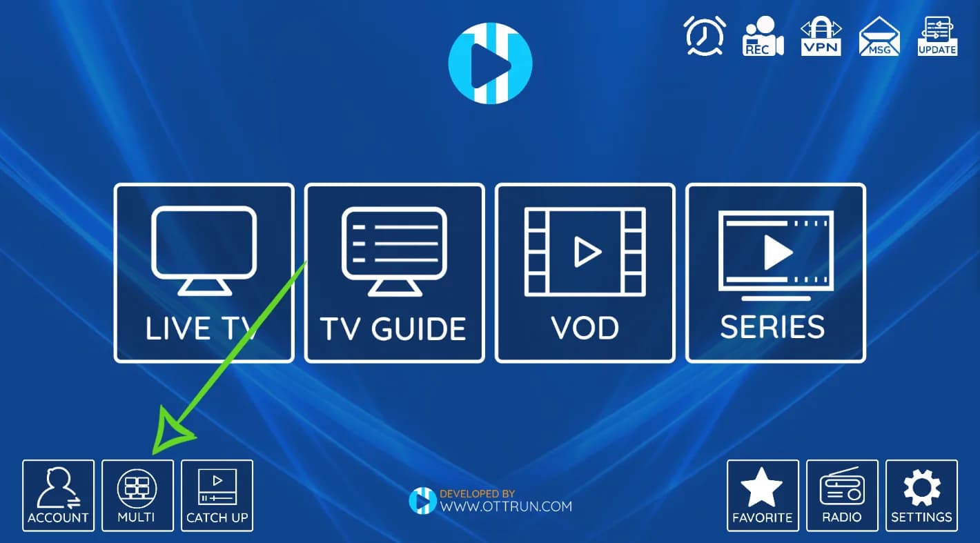 Tela inicial do XCIPTV Player com Live TV, TV Guide, VOD e Series